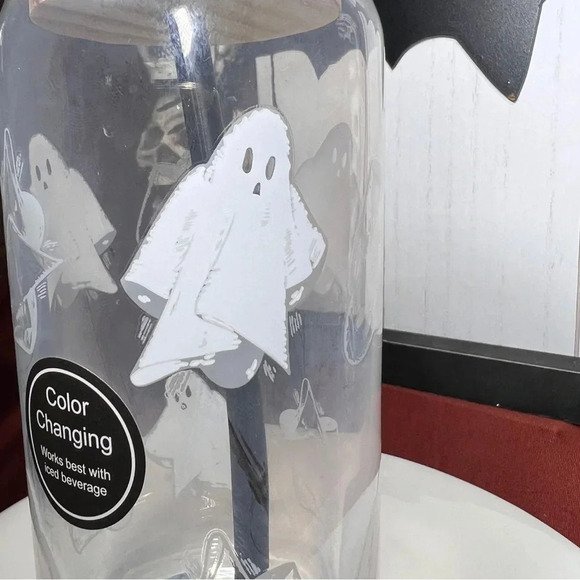 HTF Cold Color Changing Halloween Glass White Ghost Tumblers With Straw x2 - Picture 3 of 12